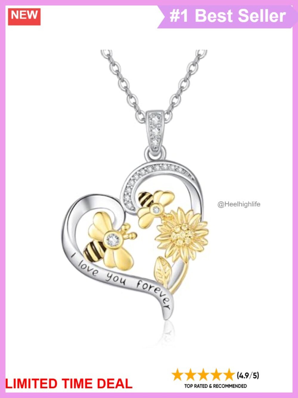 Sterling Silver Bee Sunflower Heart Pendant Necklace 20in